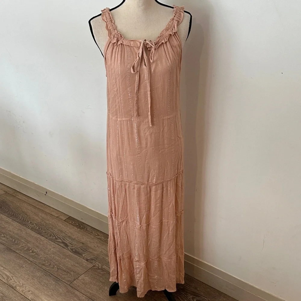 Rebellion Again Soft Pink Maxi Tiered Dress Small Gold Pinstripes - Picture 1 of 5